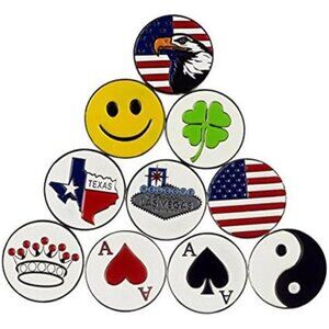 Lot of 10 Golf Ball Markers Assorted Patterns - Soft Enamel Technique